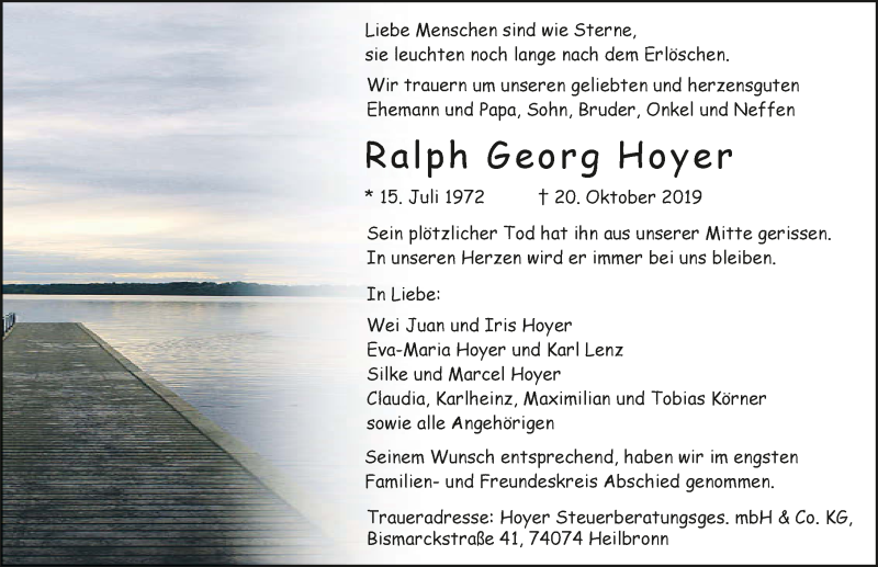  Traueranzeige für Ralph Georg Hoyer vom 26.10.2019 aus 