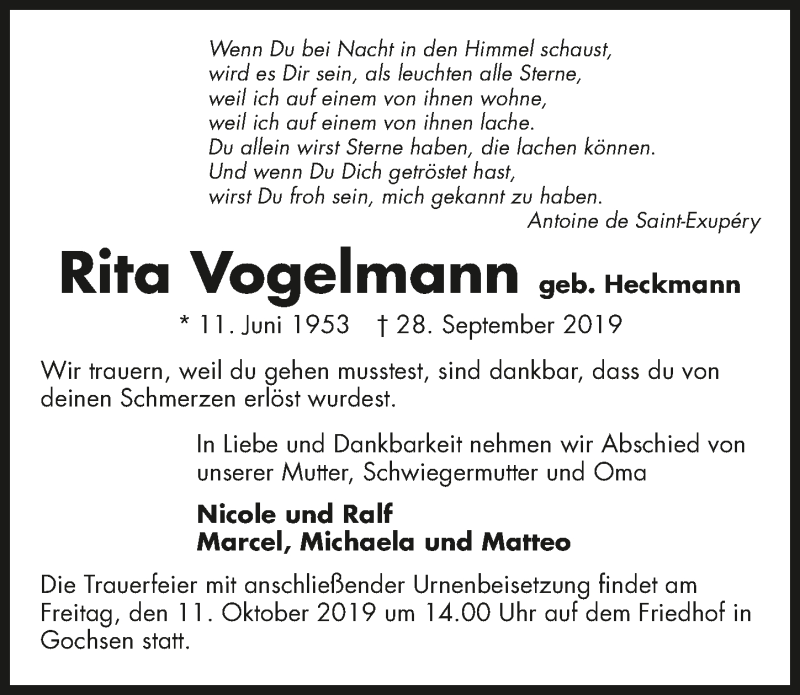  Traueranzeige für Rita Vogelmann vom 09.10.2019 aus 