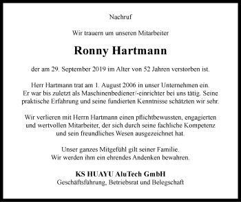 Traueranzeige von Ronny Hartmann 