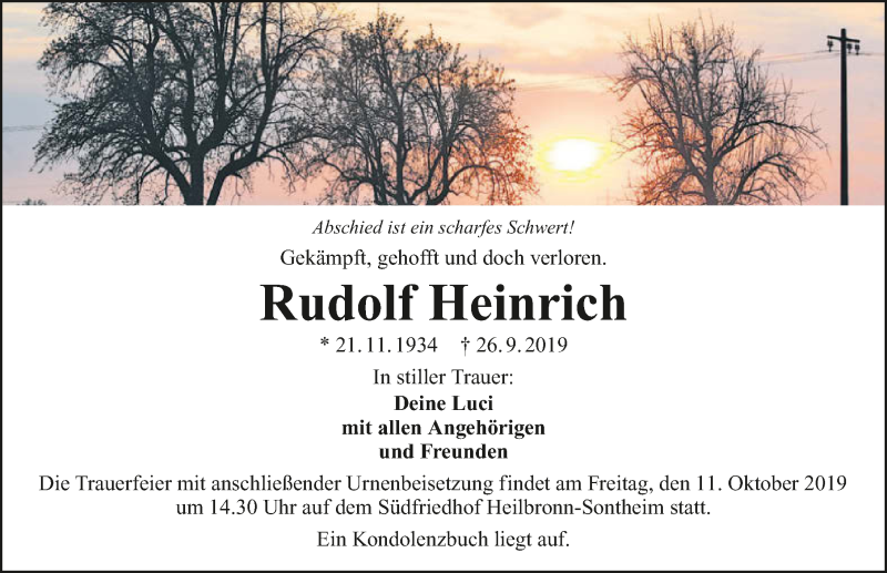  Traueranzeige für Rudolf Heinrich vom 08.10.2019 aus 
