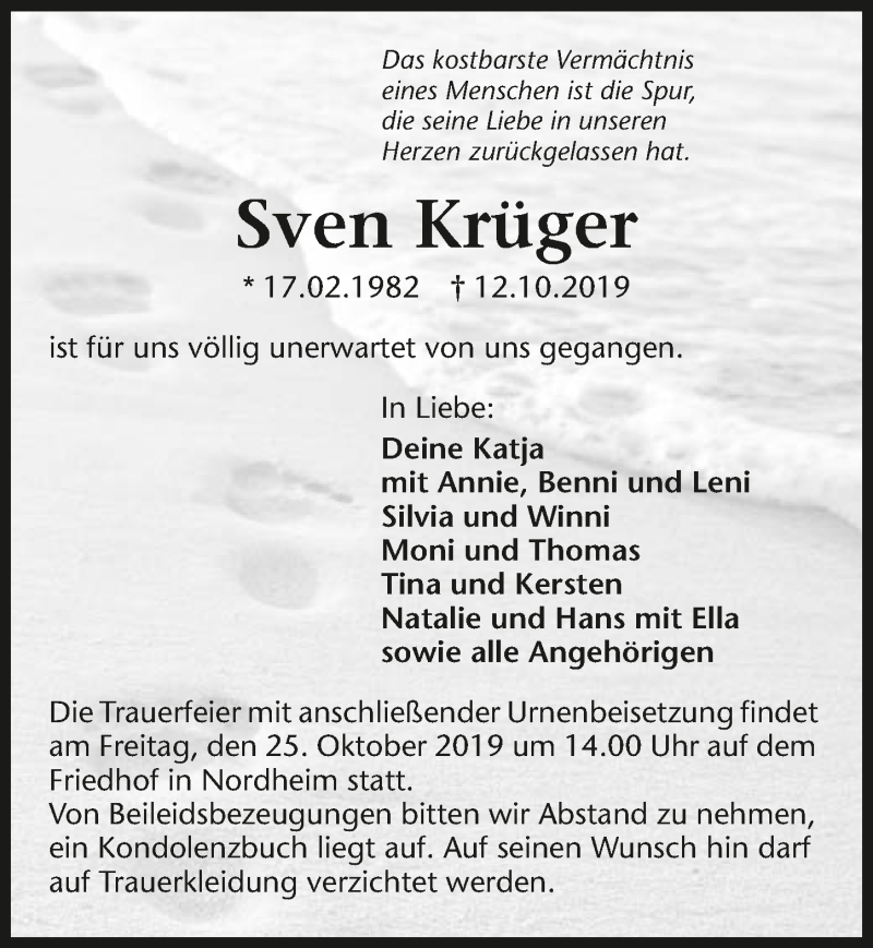  Traueranzeige für Sven Krüger vom 19.10.2019 aus 