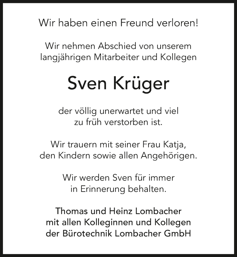  Traueranzeige für Sven Krüger vom 19.10.2019 aus 