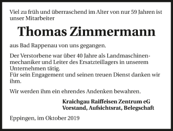 Traueranzeige von Thomas Zimmermann 