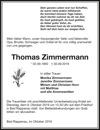 Traueranzeige von Thomas Zimmermann 