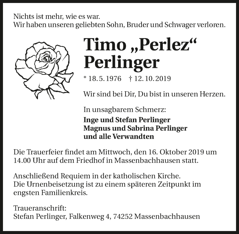 Traueranzeige für Timo Perlinger vom 15.10.2019 aus 
