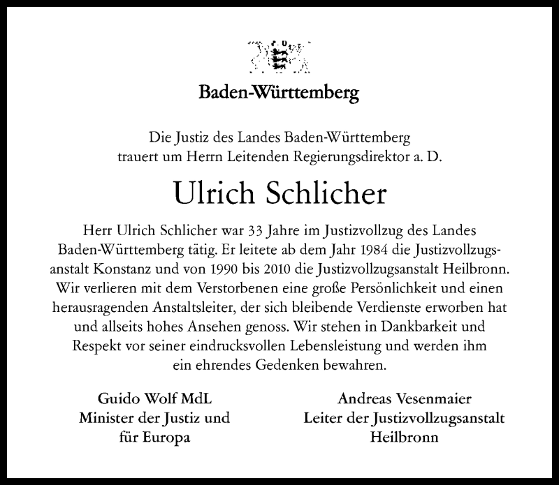  Traueranzeige für Ulrich Schlicher vom 23.10.2019 aus 