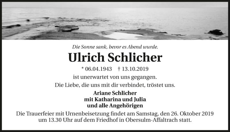  Traueranzeige für Ulrich Schlicher vom 19.10.2019 aus 