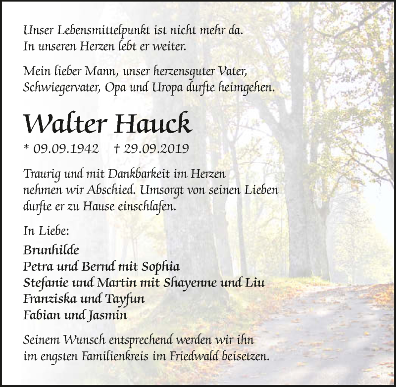  Traueranzeige für Walter Hauck vom 02.10.2019 aus 