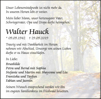 Traueranzeige von Walter Hauck 