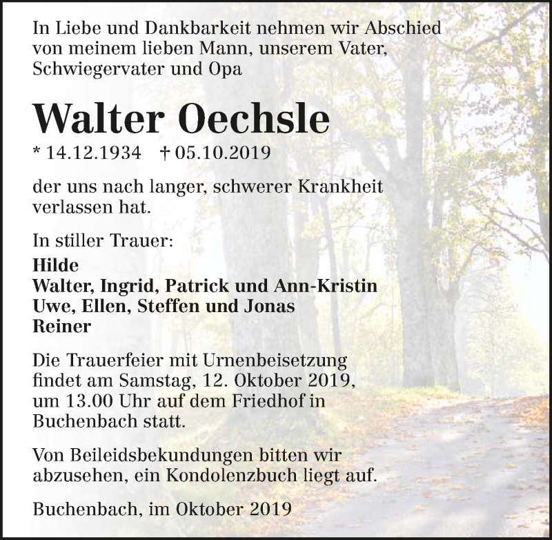  Traueranzeige für Walter Oechsle vom 10.10.2019 aus 