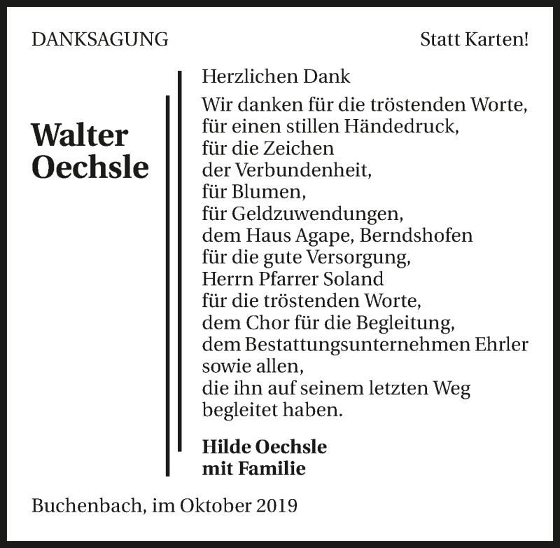 Traueranzeige für Walter Oechsle vom 26.10.2019 aus 