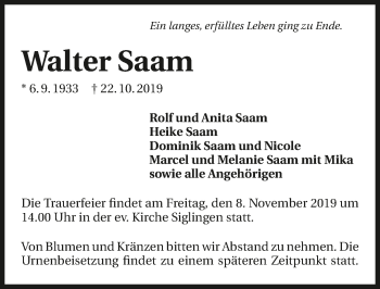 Traueranzeige von Walter Saam 