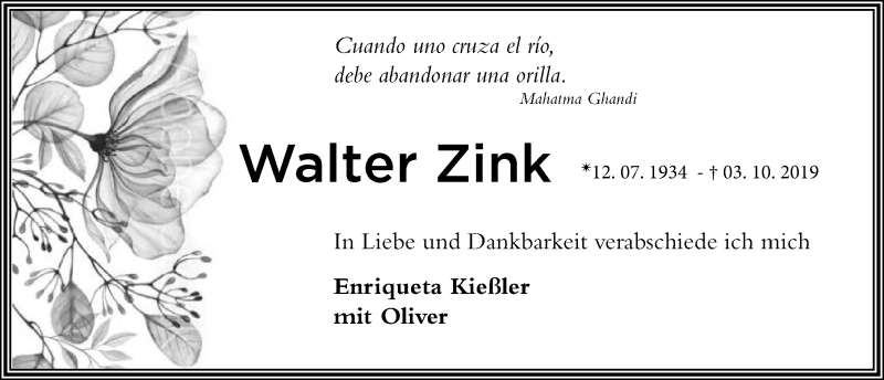  Traueranzeige für Walter Zink vom 07.10.2019 aus 