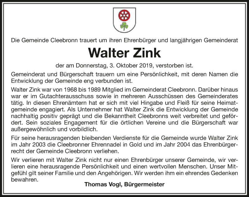  Traueranzeige für Walter Zink vom 08.10.2019 aus 