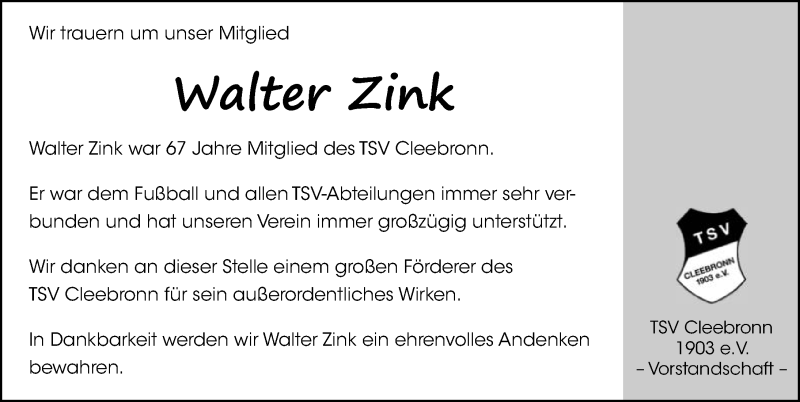  Traueranzeige für Walter Zink vom 08.10.2019 aus 