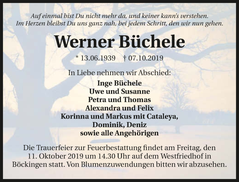  Traueranzeige für Werner Büchele vom 09.10.2019 aus 