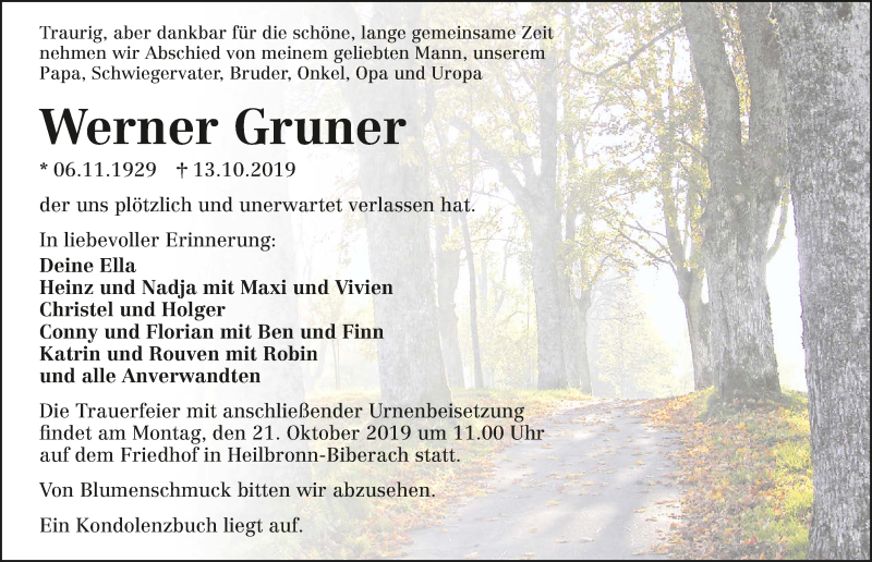  Traueranzeige für Werner Gruner vom 17.10.2019 aus 