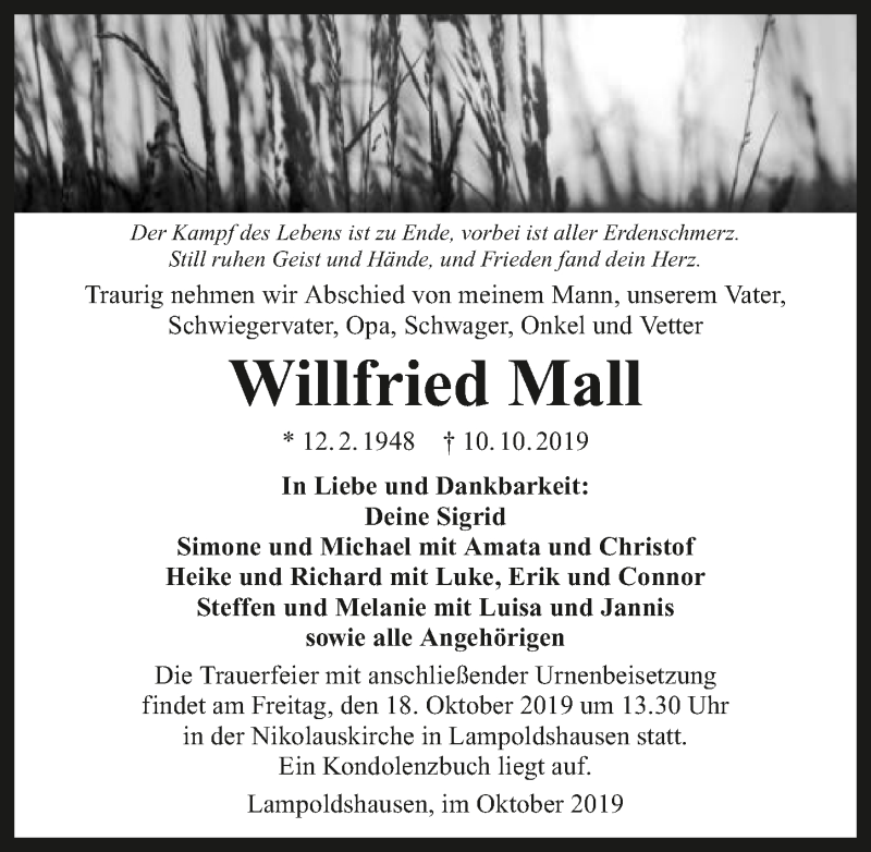  Traueranzeige für Willfried Mall vom 15.10.2019 aus 