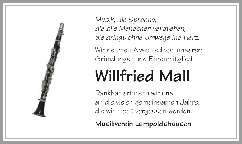  Traueranzeige für Willfried Mall vom 16.10.2019 aus 