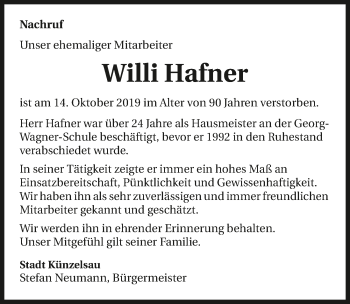 Traueranzeige von Willi Hafner 