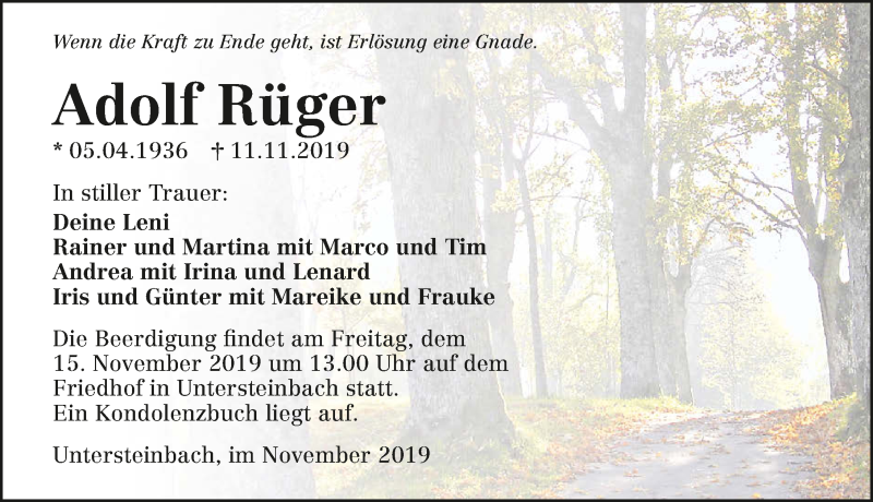  Traueranzeige für Adolf Rüger vom 13.11.2019 aus 