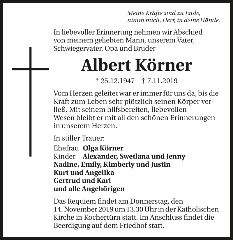  Traueranzeige für Albert Körner vom 12.11.2019 aus 