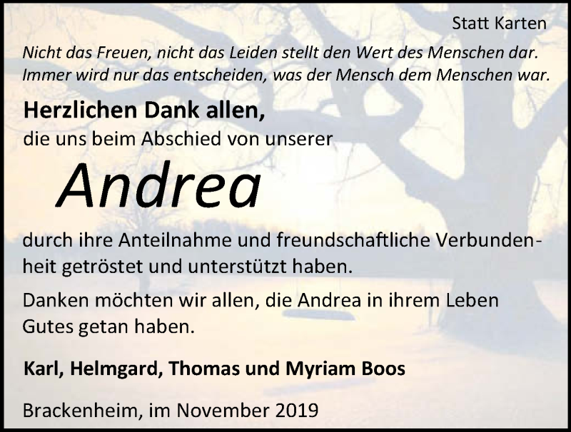  Traueranzeige für Andrea Boss vom 16.11.2019 aus 