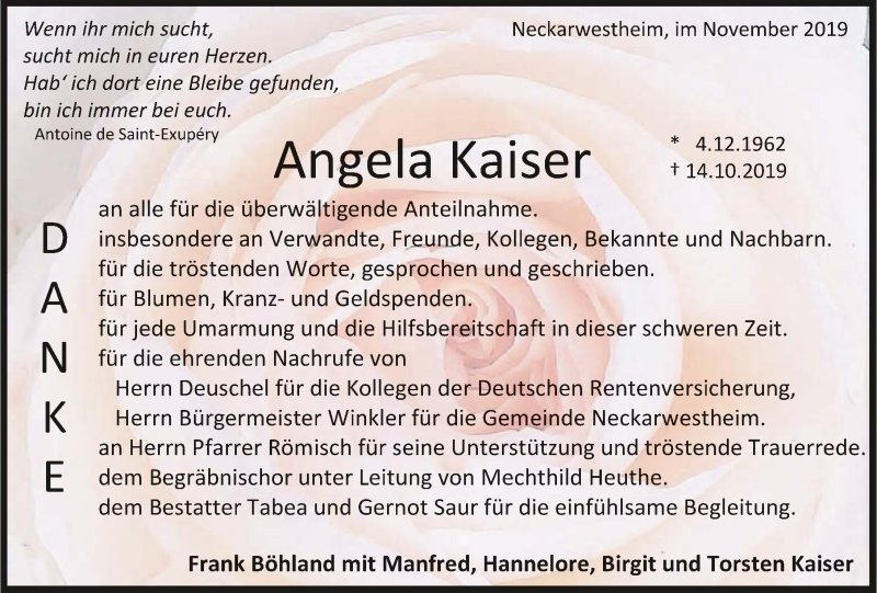  Traueranzeige für Angela Kaiser vom 16.11.2019 aus 