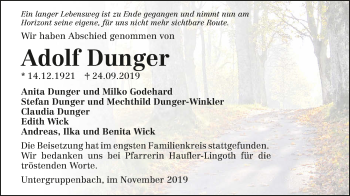 Traueranzeige von Adolf Dunger 