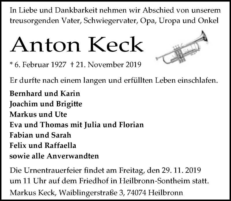  Traueranzeige für Anton Keck vom 26.11.2019 aus 