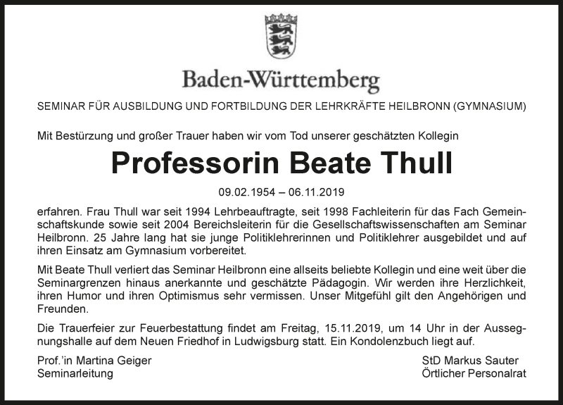  Traueranzeige für Beate Thull vom 12.11.2019 aus 
