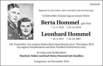 Traueranzeige von Berta Hommel 