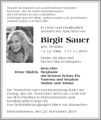 Traueranzeige von Birgit Sauer 