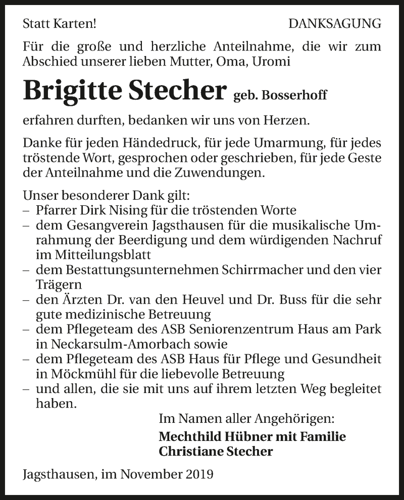  Traueranzeige für Brigitte Stecher vom 16.11.2019 aus 