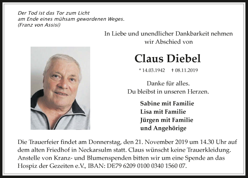  Traueranzeige für Claus Diebel vom 16.11.2019 aus 