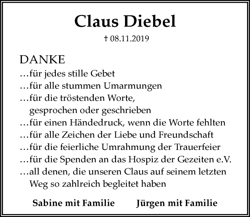  Traueranzeige für Claus Diebel vom 30.11.2019 aus 