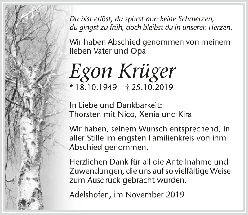  Traueranzeige für Egon Krüger vom 09.11.2019 aus 