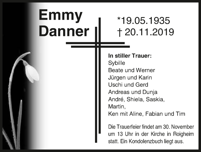  Traueranzeige für Emmy Danner vom 27.11.2019 aus 