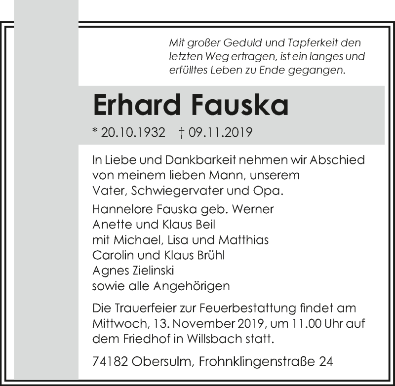  Traueranzeige für Erhard Fauska vom 12.11.2019 aus 