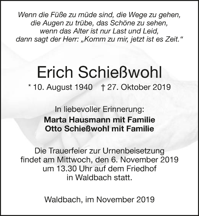  Traueranzeige für Erich Schießwohl vom 02.11.2019 aus 