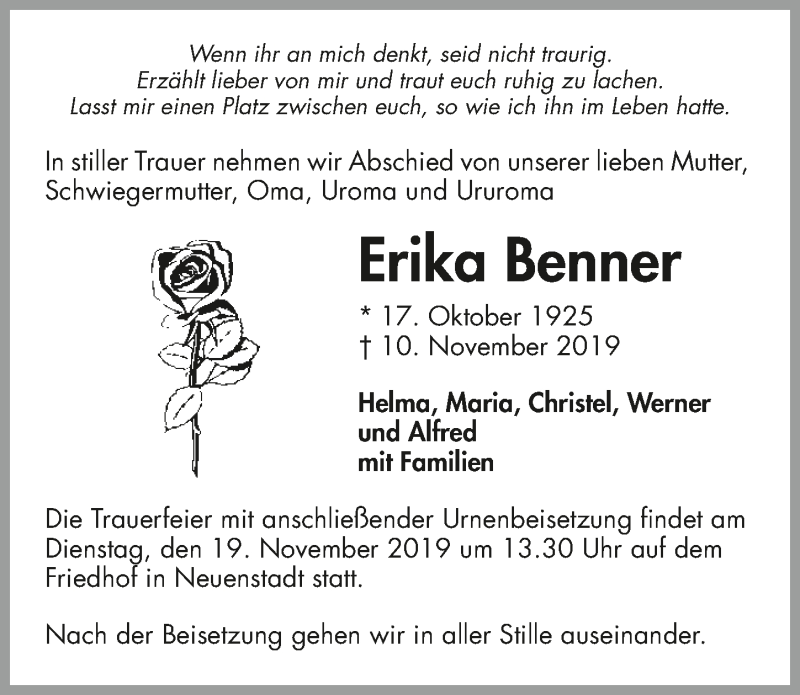  Traueranzeige für Erika Benner vom 16.11.2019 aus 