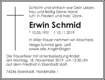 Traueranzeige von Erwin Schmid 