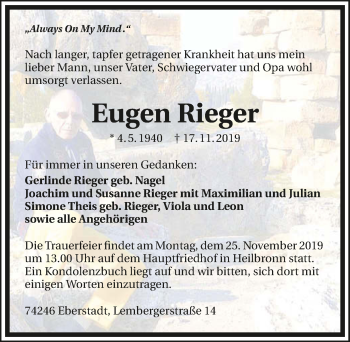 Traueranzeige von Eugen Rieger 