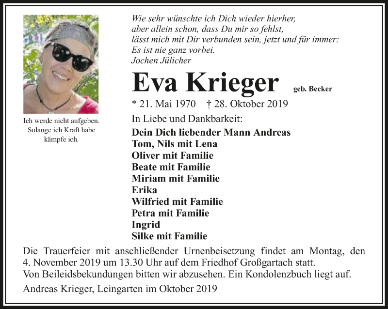  Traueranzeige für Eva Krieger vom 02.11.2019 aus 