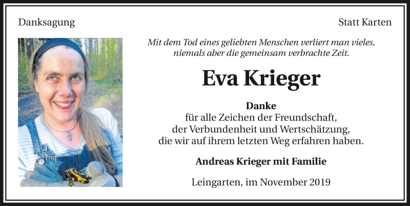  Traueranzeige für Eva Krieger vom 09.11.2019 aus 