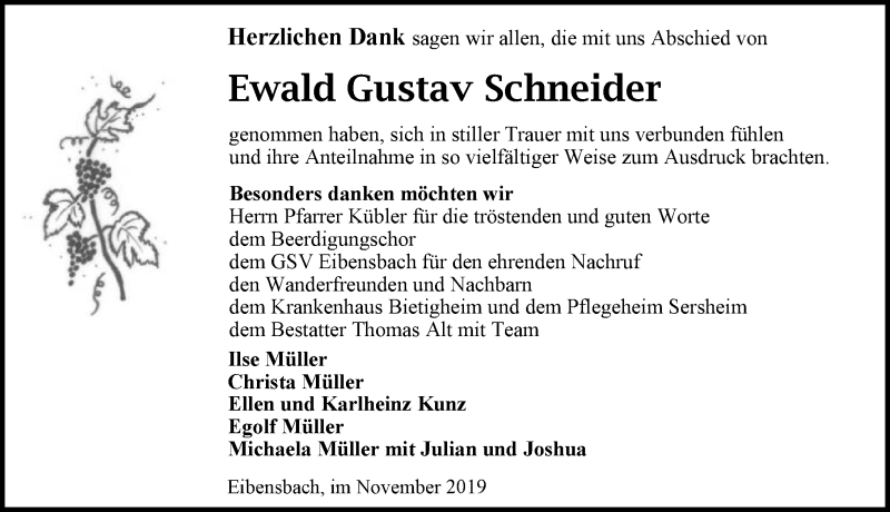  Traueranzeige für Ewald Gustav Schneider vom 06.11.2019 aus 