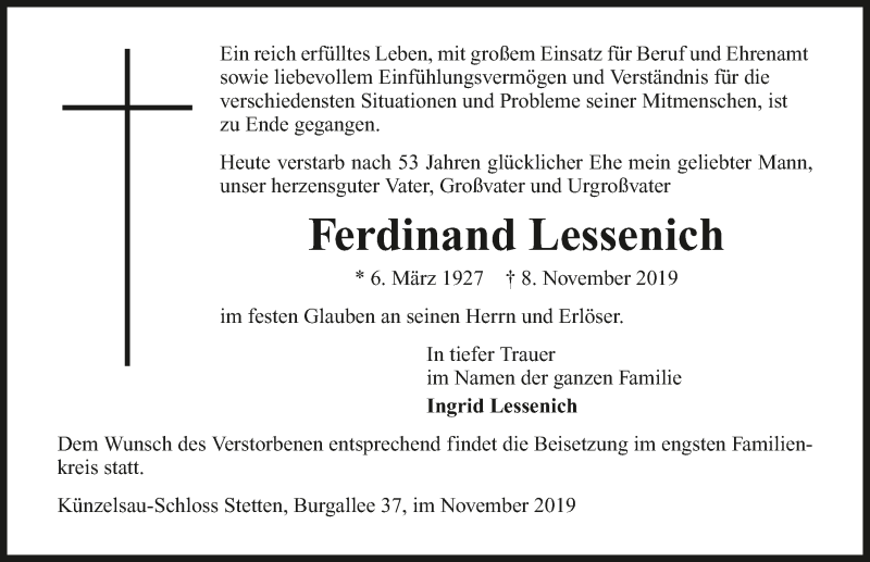  Traueranzeige für Ferdinand Lessenich vom 13.11.2019 aus 