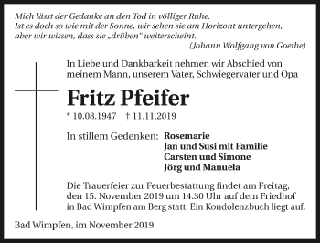 Traueranzeige von Fritz Pfeifer 