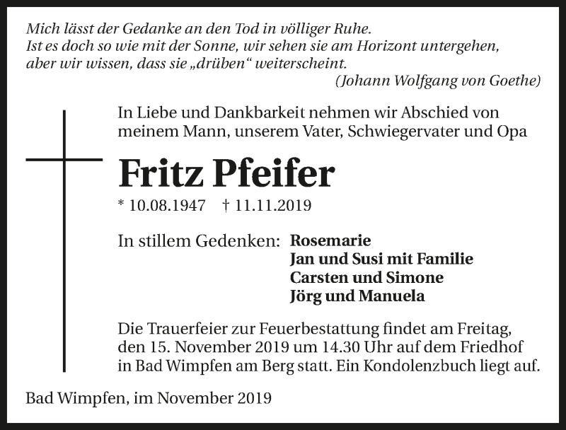  Traueranzeige für Fritz Pfeifer vom 13.11.2019 aus 
