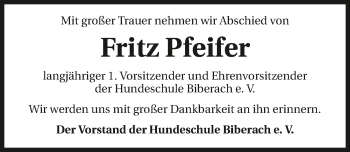 Traueranzeige von Fritz Pfeifer 
